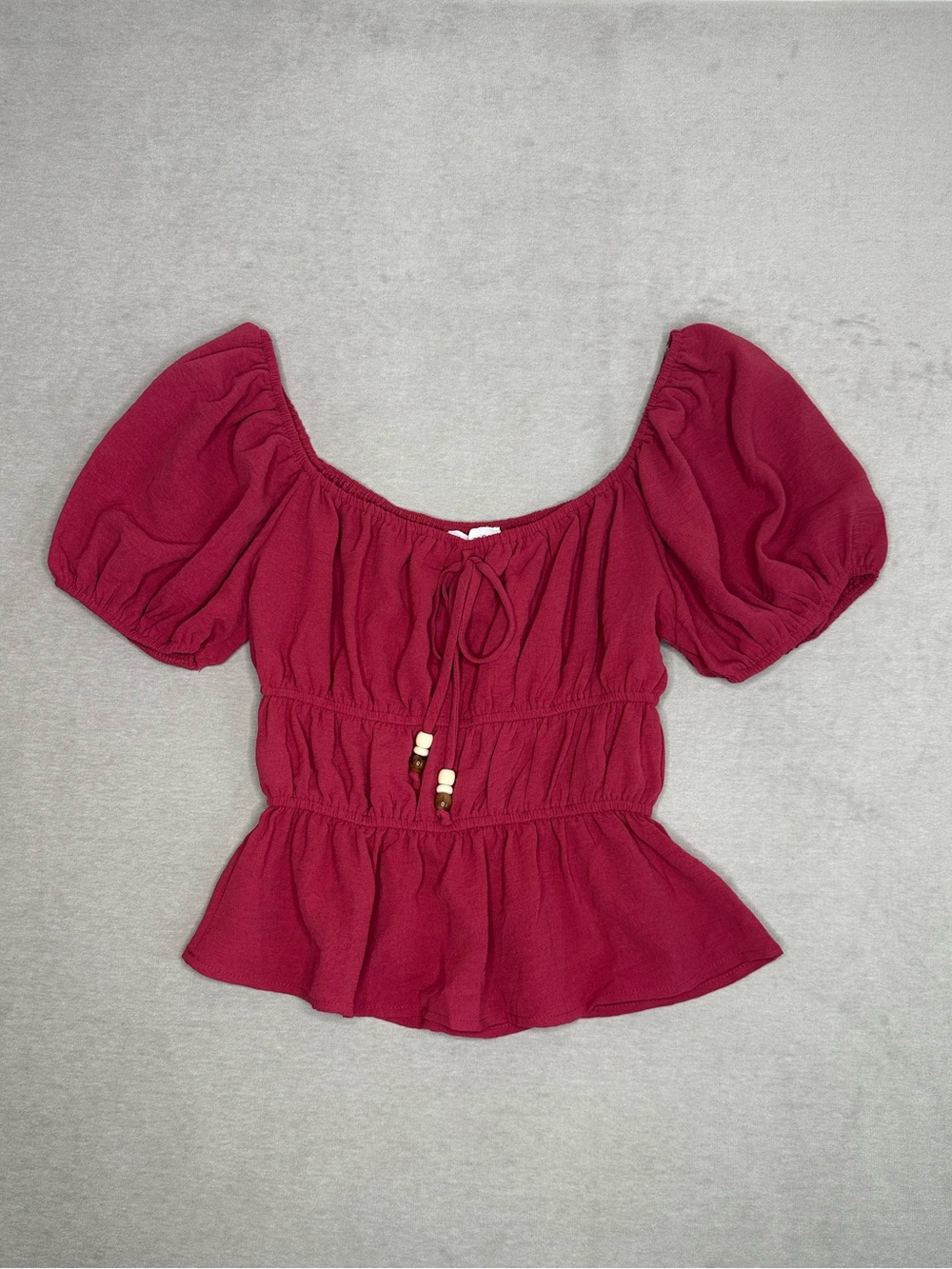 Women’s Puff Sleeve Peplum Top - Burgundy